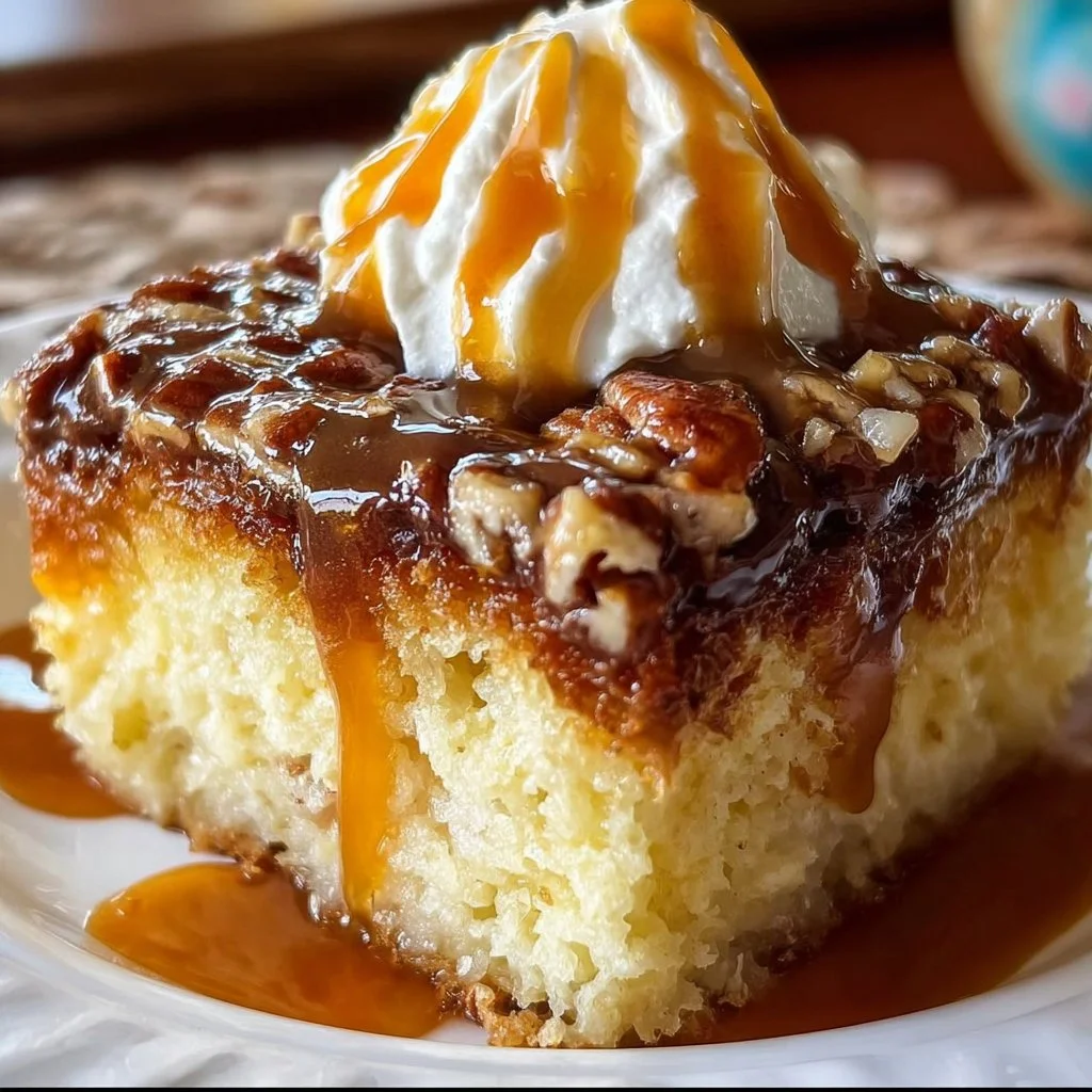 Delicious Turtle Poke Cake topped with chocolate and caramel drizzles.