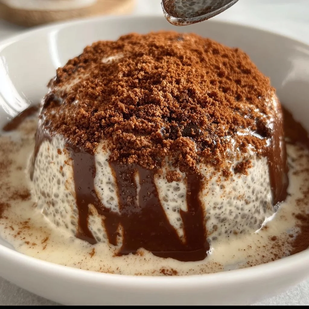 Viral tiramisu chia pudding topped with cocoa and coffee flavors in a glass dish.