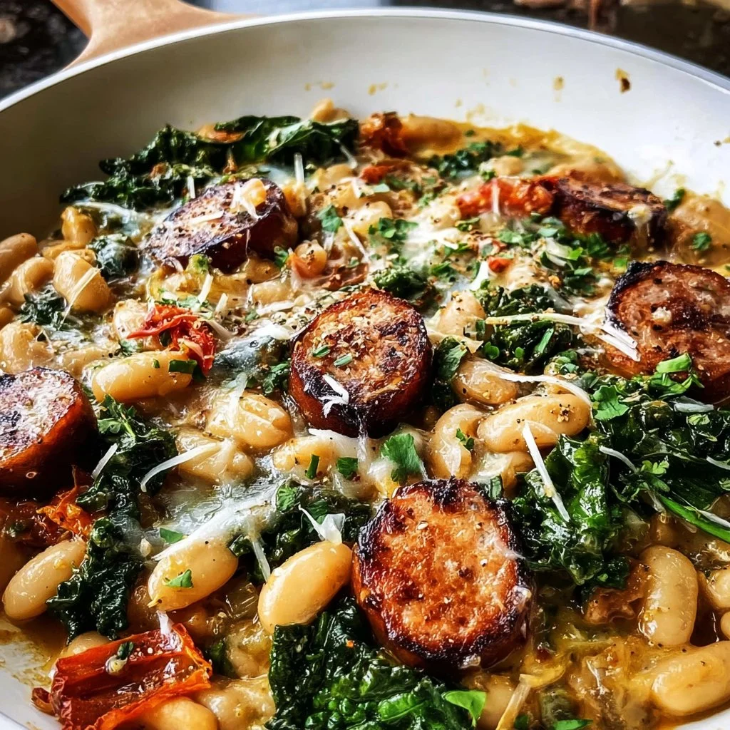Delicious White Bean Sausage Skillet with fresh vegetables in a pan