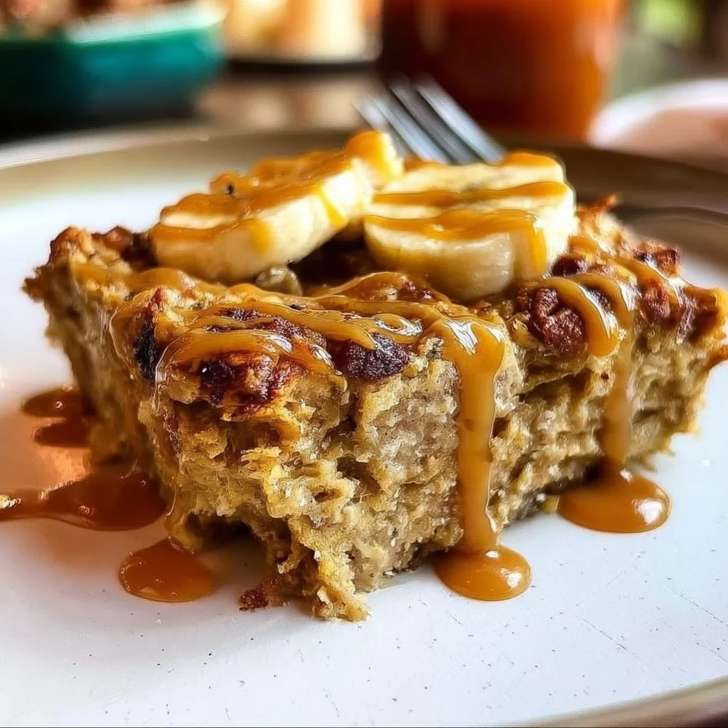 Baked banana oatmeal with sliced bananas and nuts for a nutritious breakfast