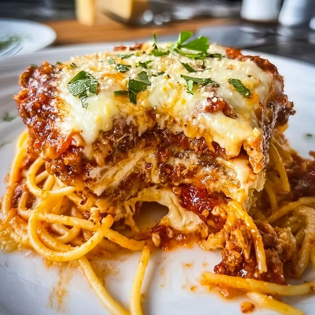 A delicious serving of baked spaghetti topped with melted cheese and herbs.