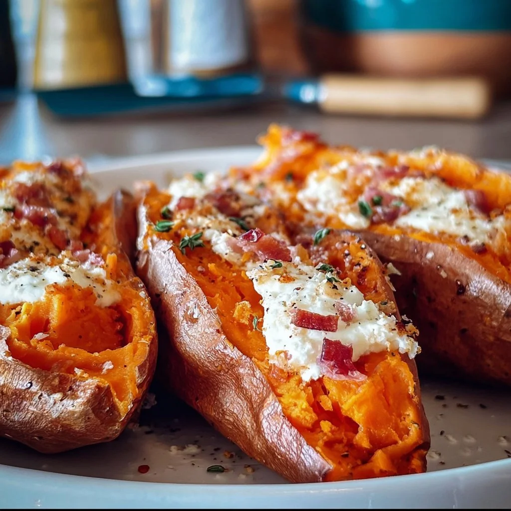 Perfectly baked sweet potatoes served with toppings, a healthy side dish.
