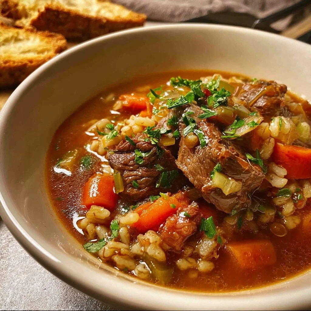 Delicious bowl of Beef Barley Soup with vegetables and herbs