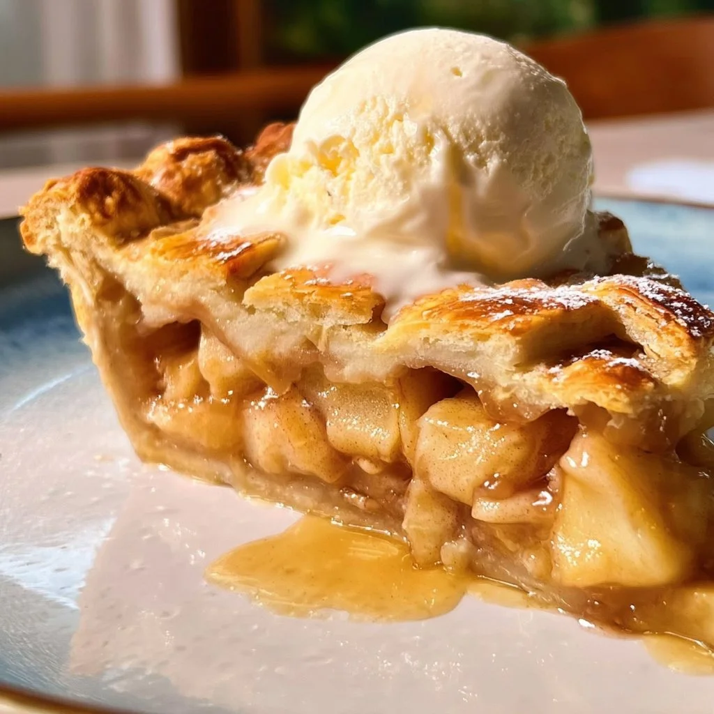 Delicious homemade apple pie topped with flaky crust and served on a rustic table