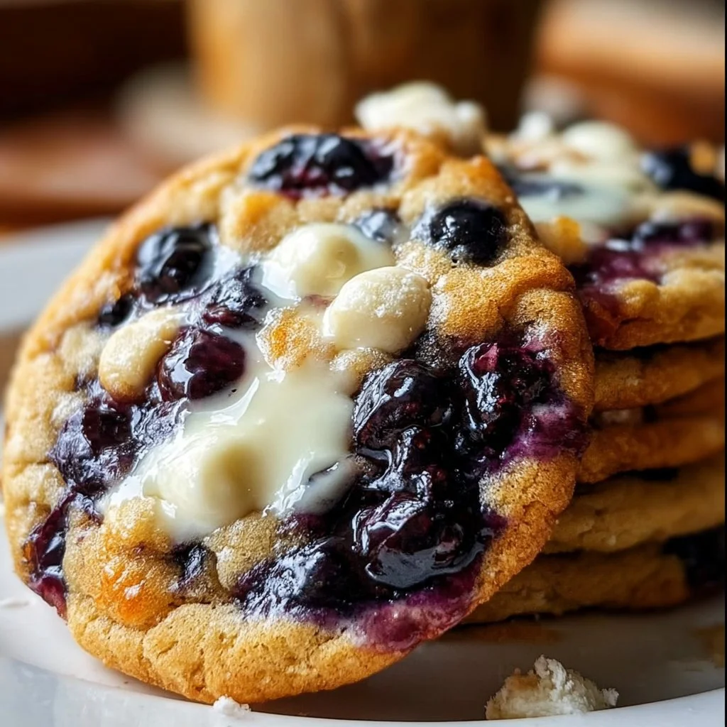 Plate of delicious blueberry cheesecake cookies with fresh blueberries on top