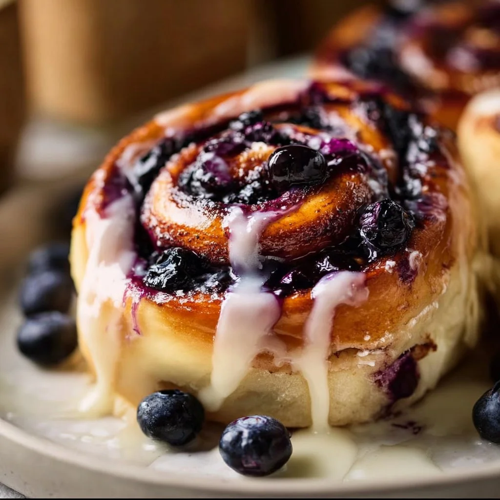 Freshly baked blueberry cinnamon rolls with icing on a wooden table
