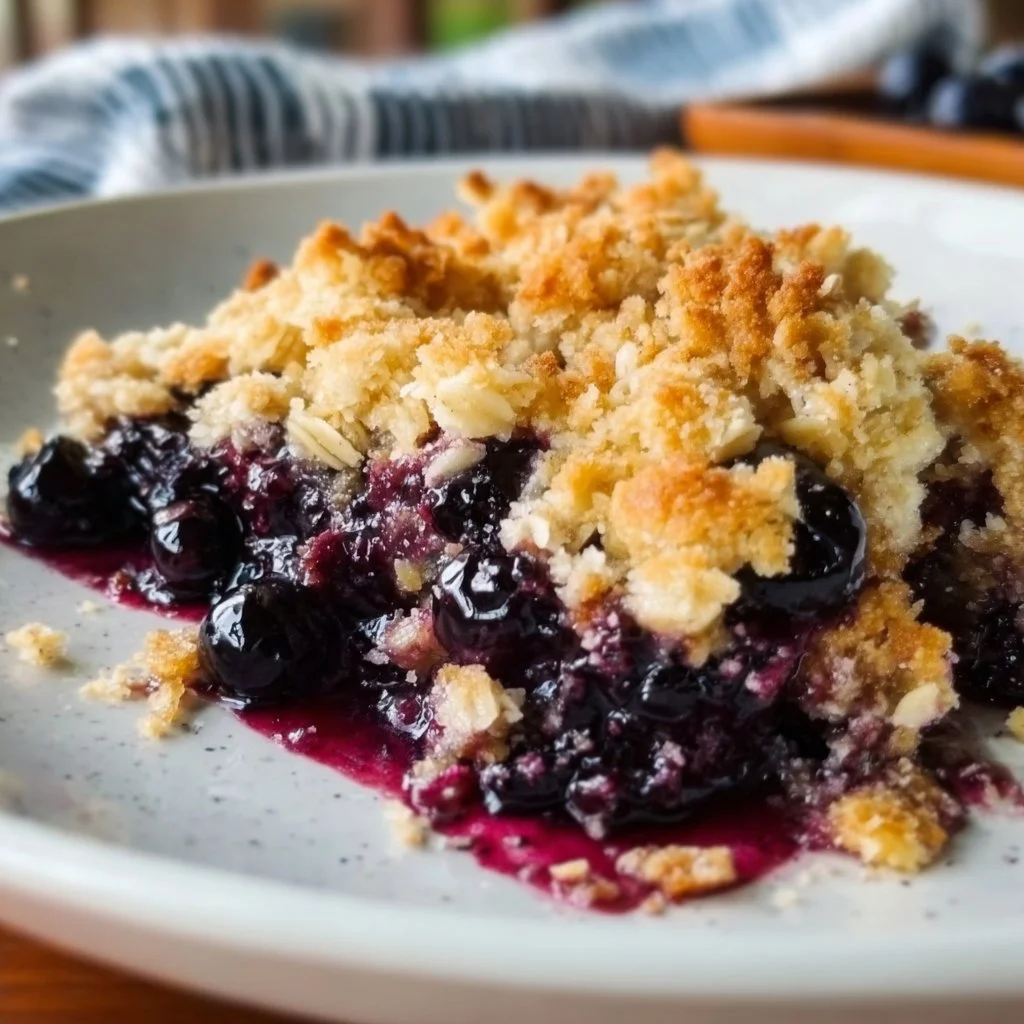 Freshly baked blueberry crisp with a golden topping served in a dish