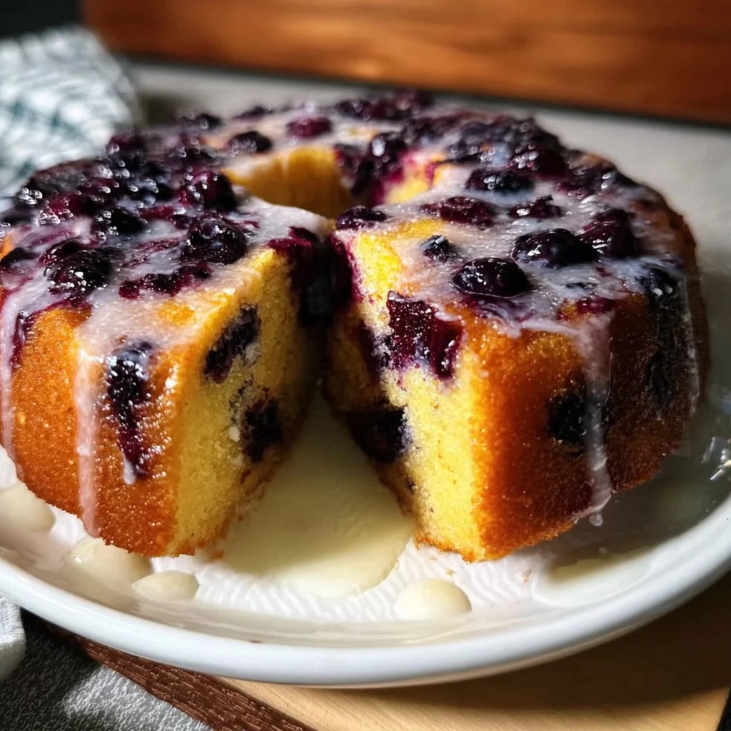 Freshly baked blueberry sour cream pound cake on a wooden table