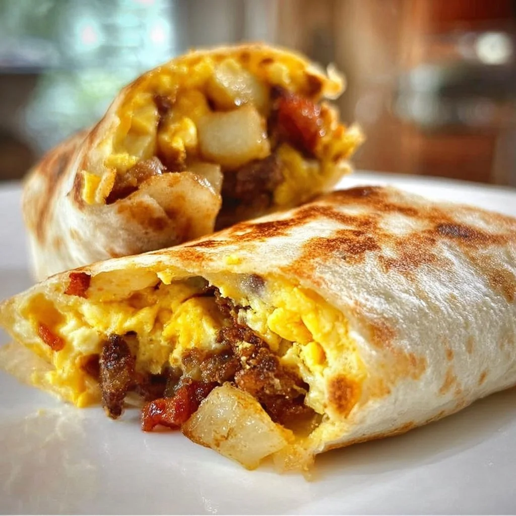Delicious breakfast burritos filled with eggs and cheese served on a plate