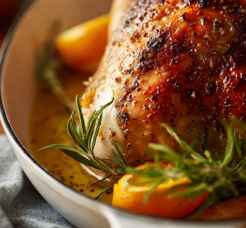 Brined Thanksgiving turkey ready to be served on a festive dinner table