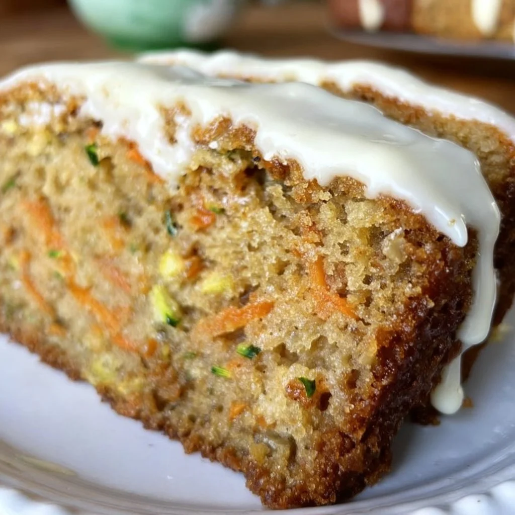 Deliciously baked Carrot Apple Zucchini Bread topped with nuts on a wooden platter