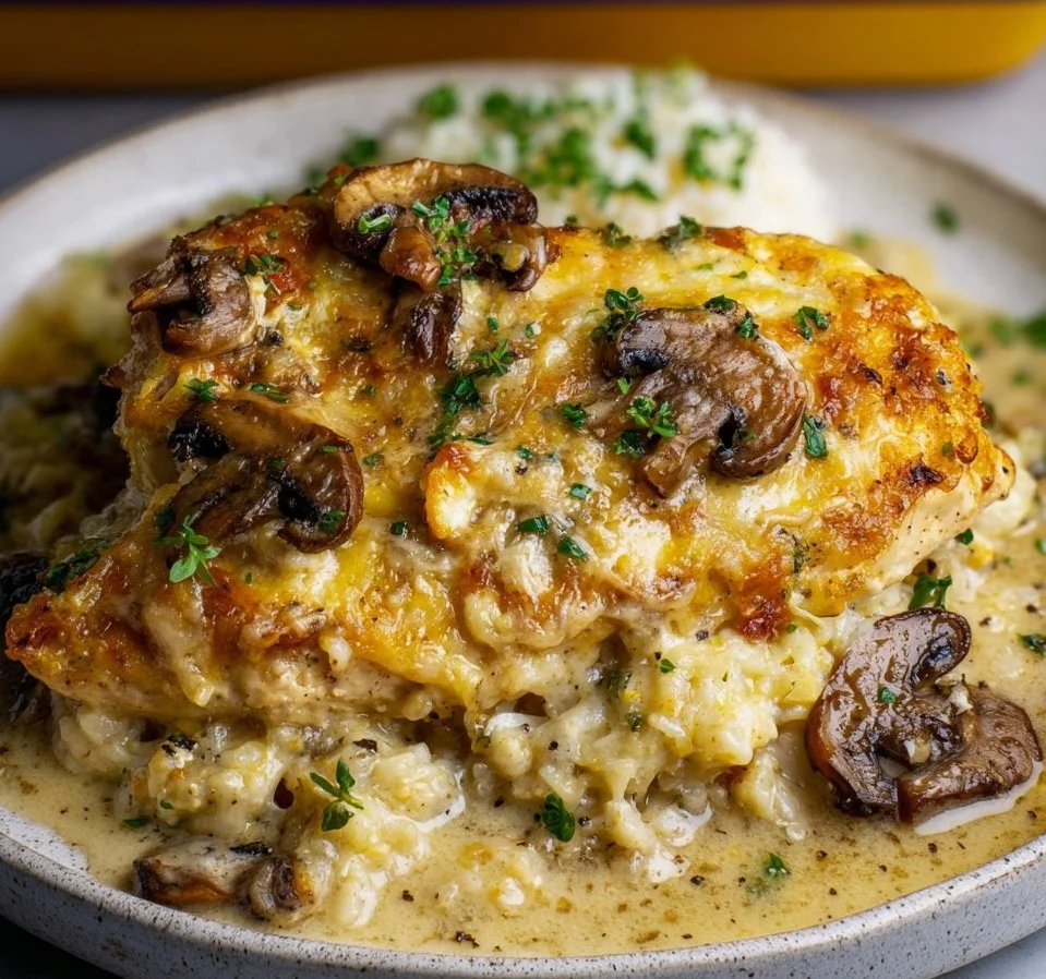 Cheesy Mushroom Chicken dish featuring creamy sauce and tender chicken
