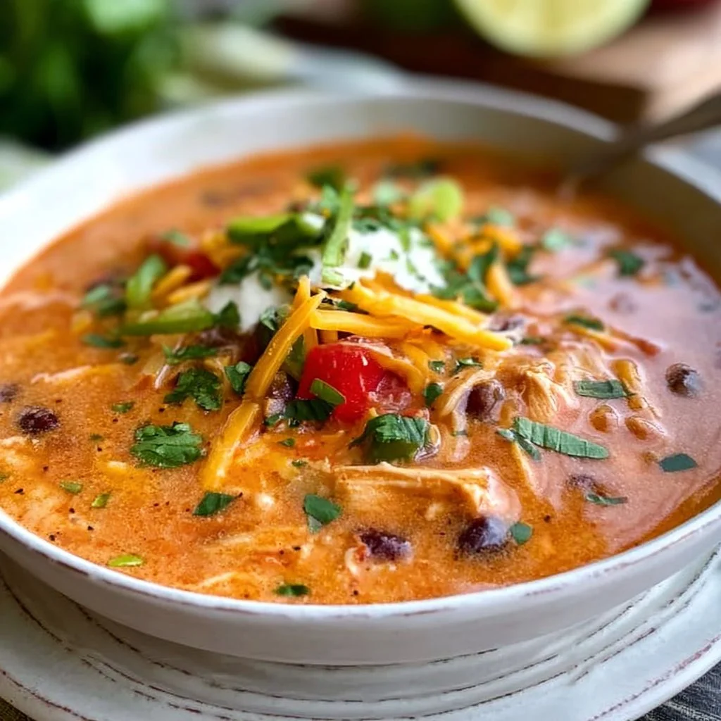 Bowl of Chicken Enchilada Soup topped with cheese and cilantro