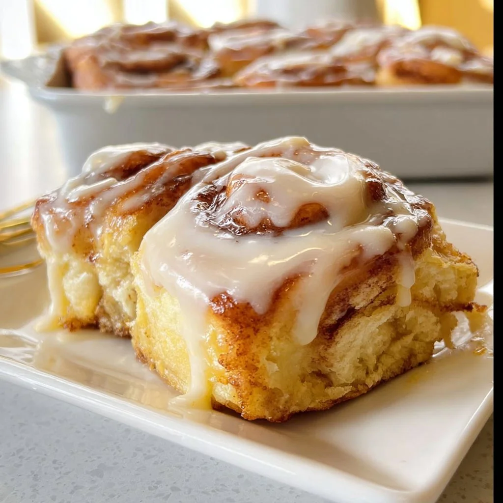 Delicious cinnamon rolls with a creamy glaze on top, freshly baked and irresistible.