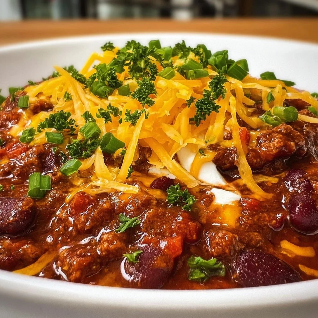 A bowl of classic beef and bean chili topped with fresh herbs and spices.