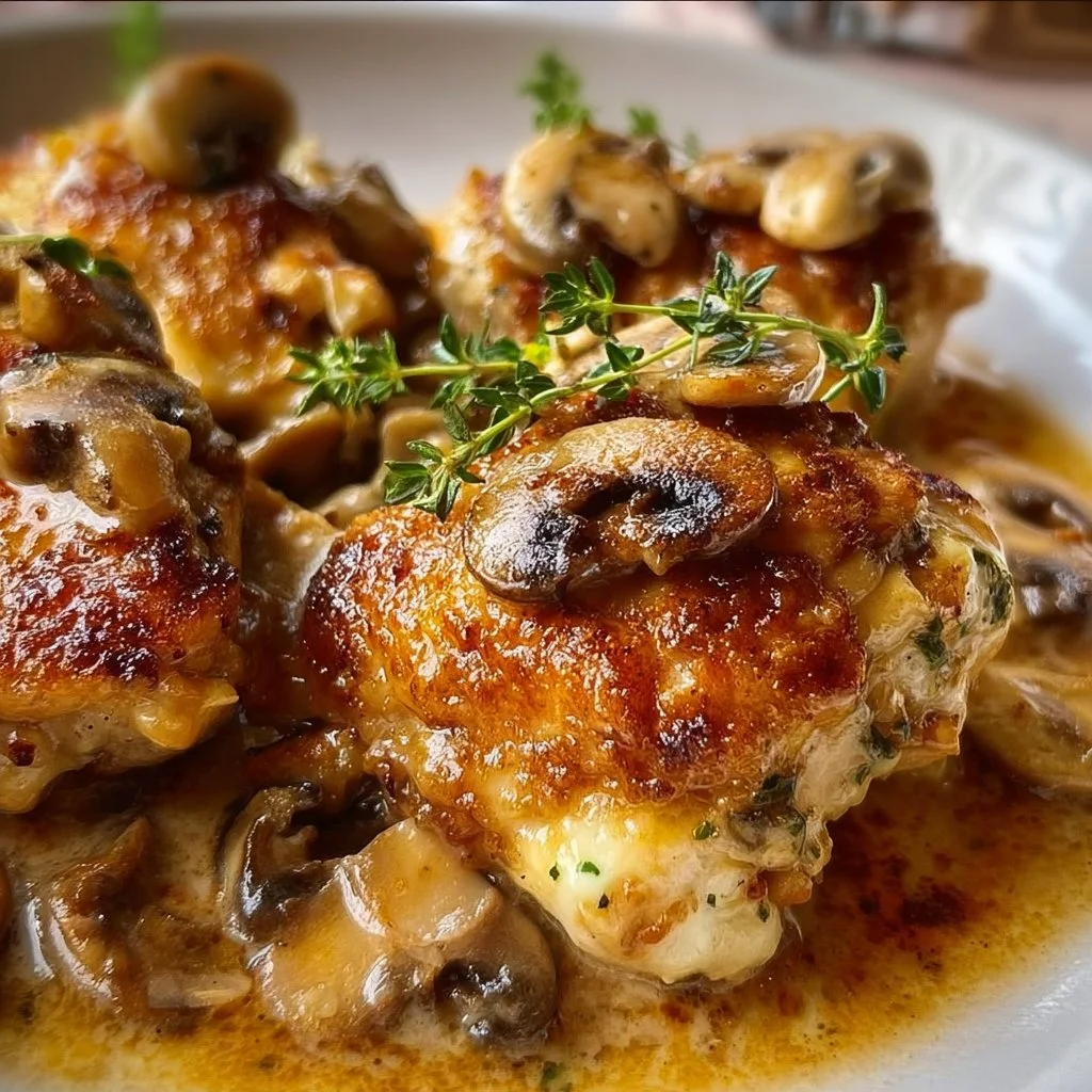 Classic French Chicken with Mushrooms served on a plate