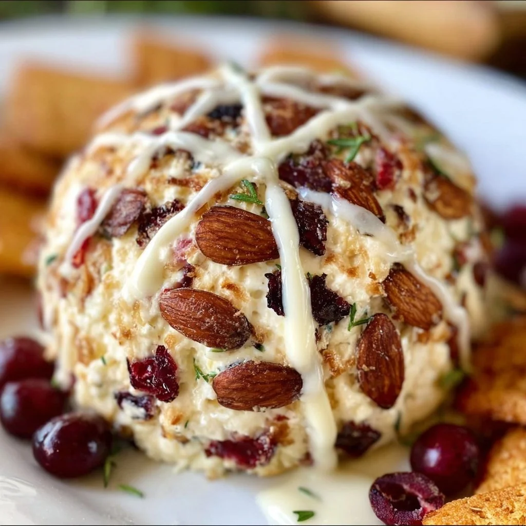 Cranberry Almond Cheese Ball garnished with fresh herbs and nuts