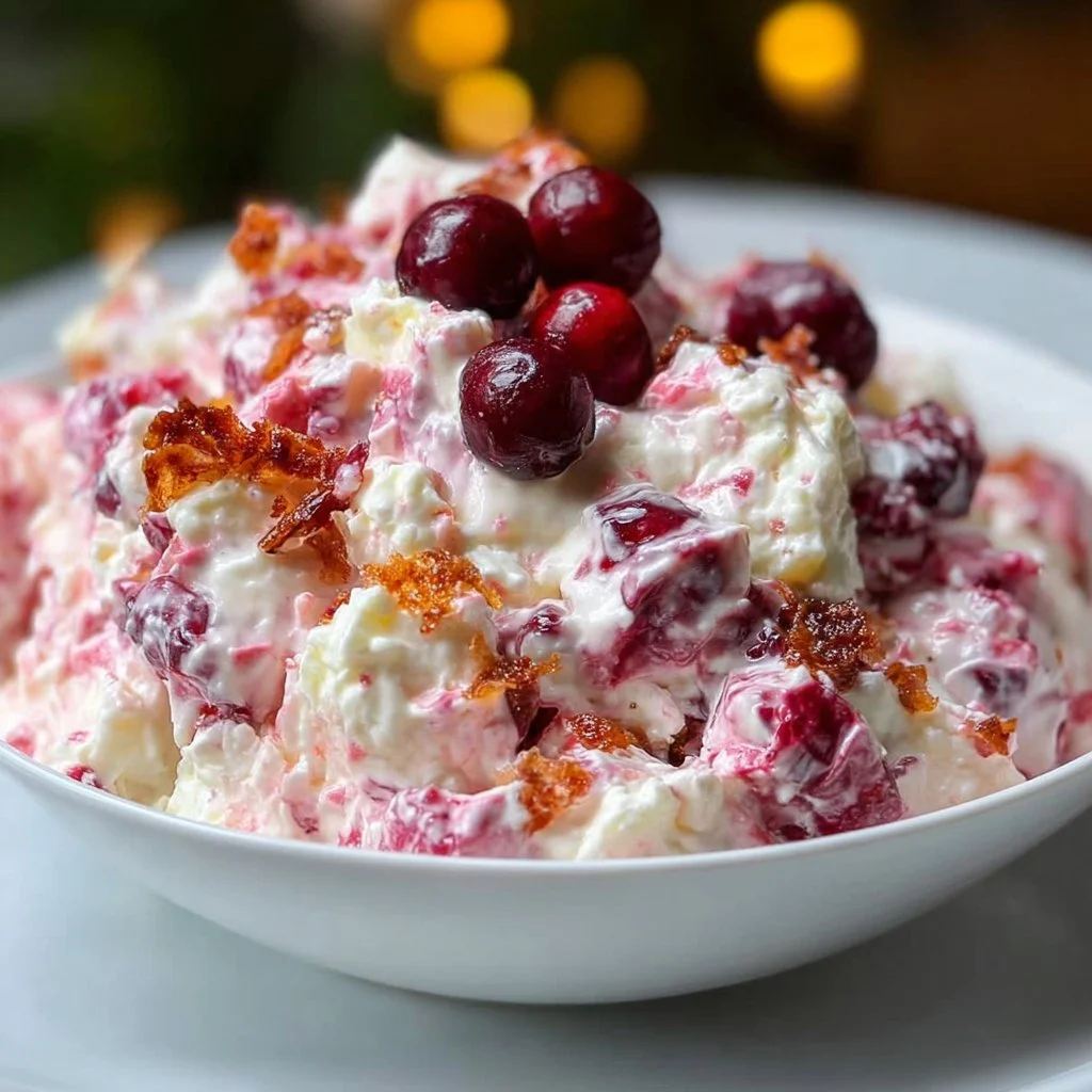 A vibrant and colorful Cranberry Fluff Salad with whipped cream and fruit.