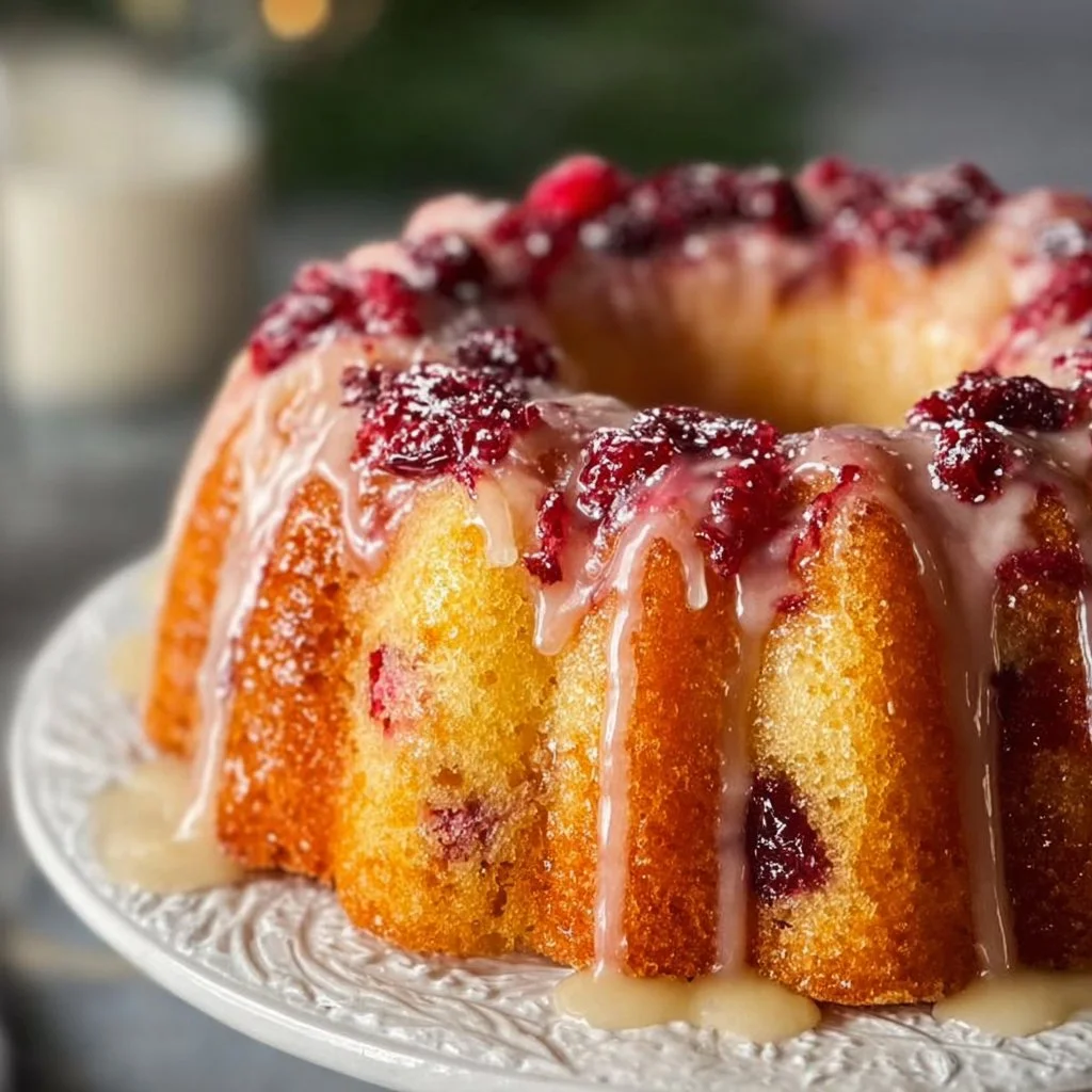 Deliciously glazed Cranberry Orange Bundt Cake on a decorative platter.