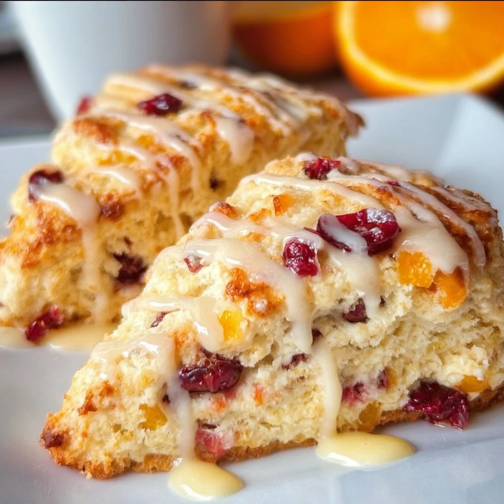 Freshly baked cranberry orange scones on a plate with a cup of tea