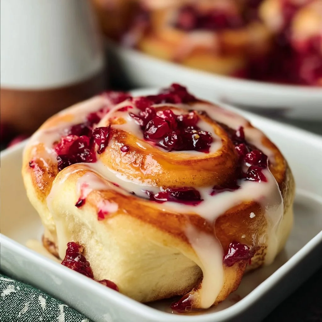 Freshly baked cranberry orange sweet rolls topped with icing.