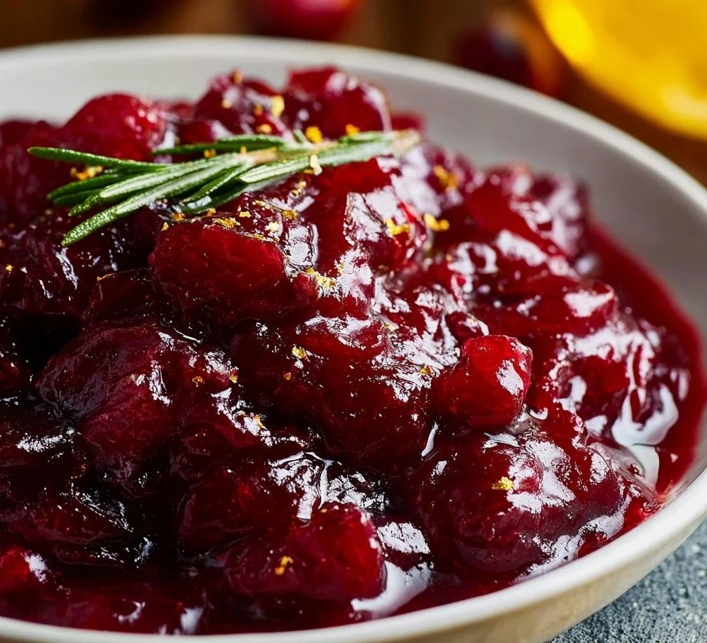 Homemade cranberry sauce in a serving dish garnished with fresh cranberries