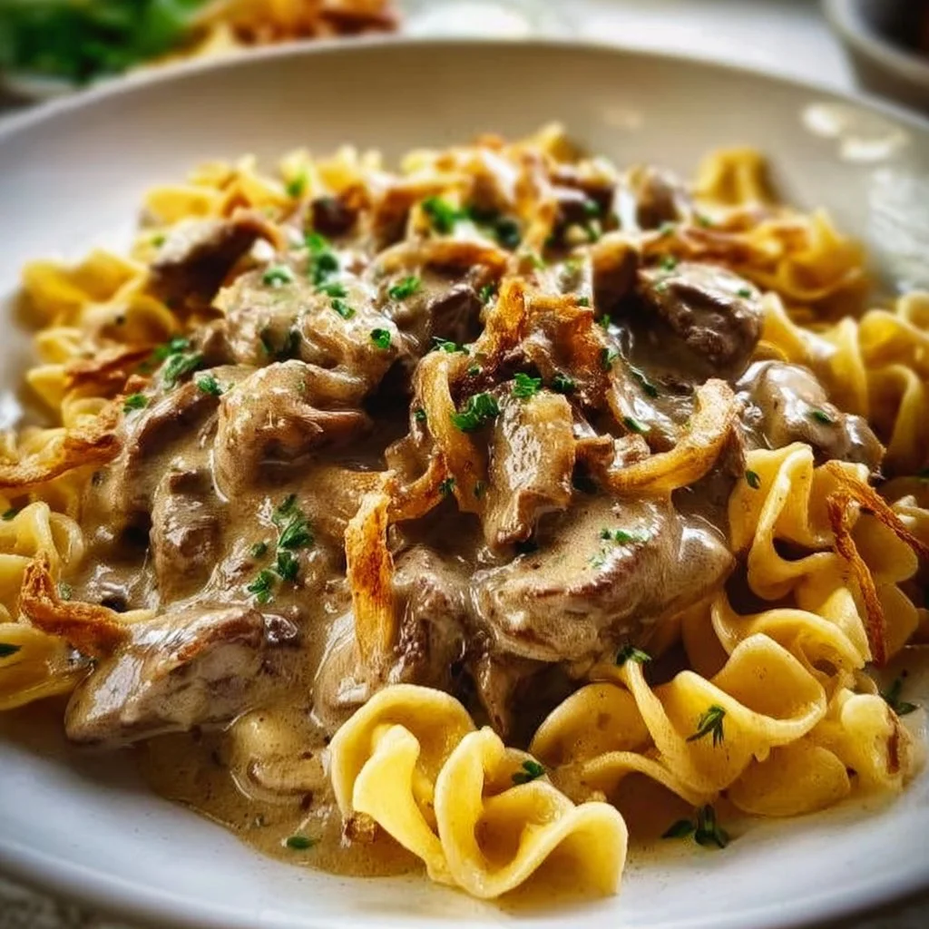 Creamy beef stroganoff served with noodles on a white plate