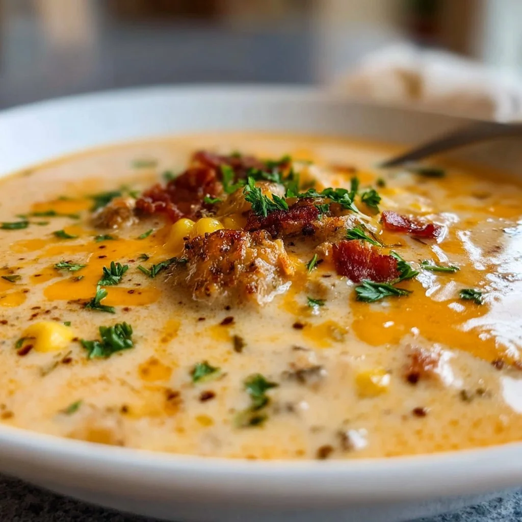 Bowl of creamy cowboy soup with vegetables and cheese