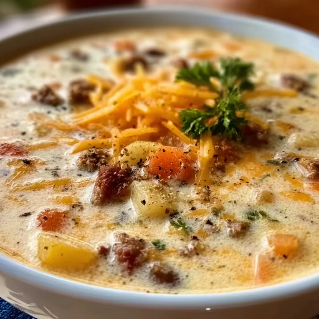 Bowl of creamy Cowboy Soup topped with fresh herbs and spices.