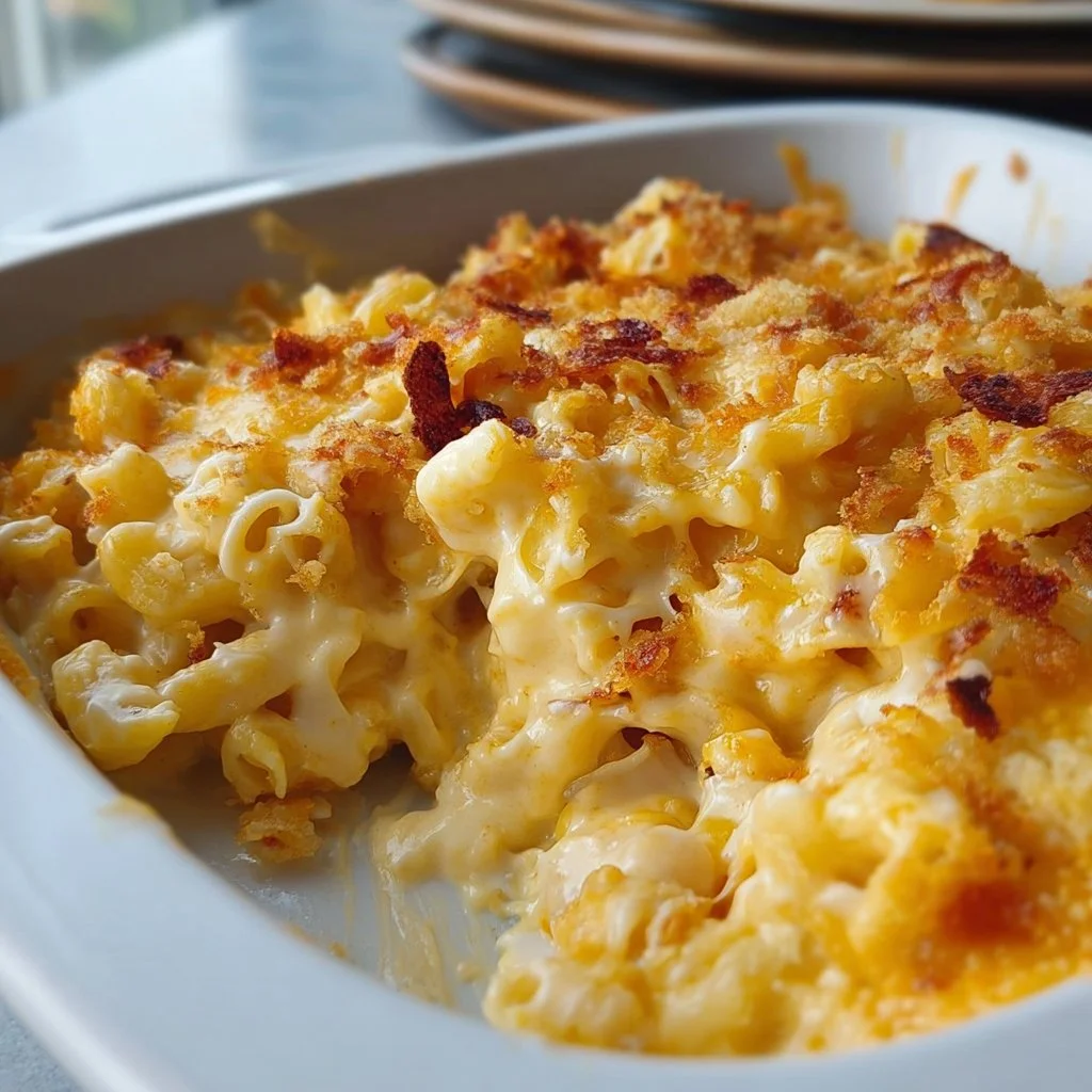 Bowl of creamy dreamy mac and cheese topped with breadcrumbs and herbs