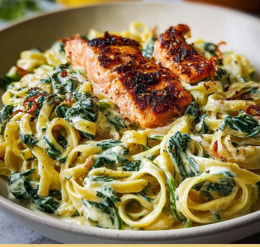 Bowl of creamy spinach fettuccine with broiled salmon on top.
