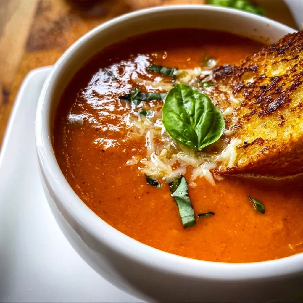 Delicious creamy tomato basil soup served in a rustic bowl
