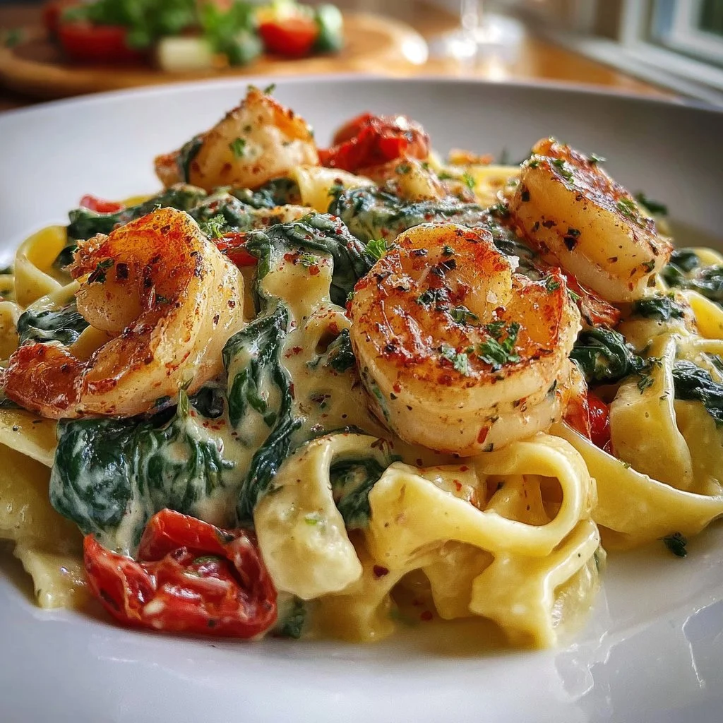 Plate of creamy Tuscan shrimp pasta with spinach and herbs