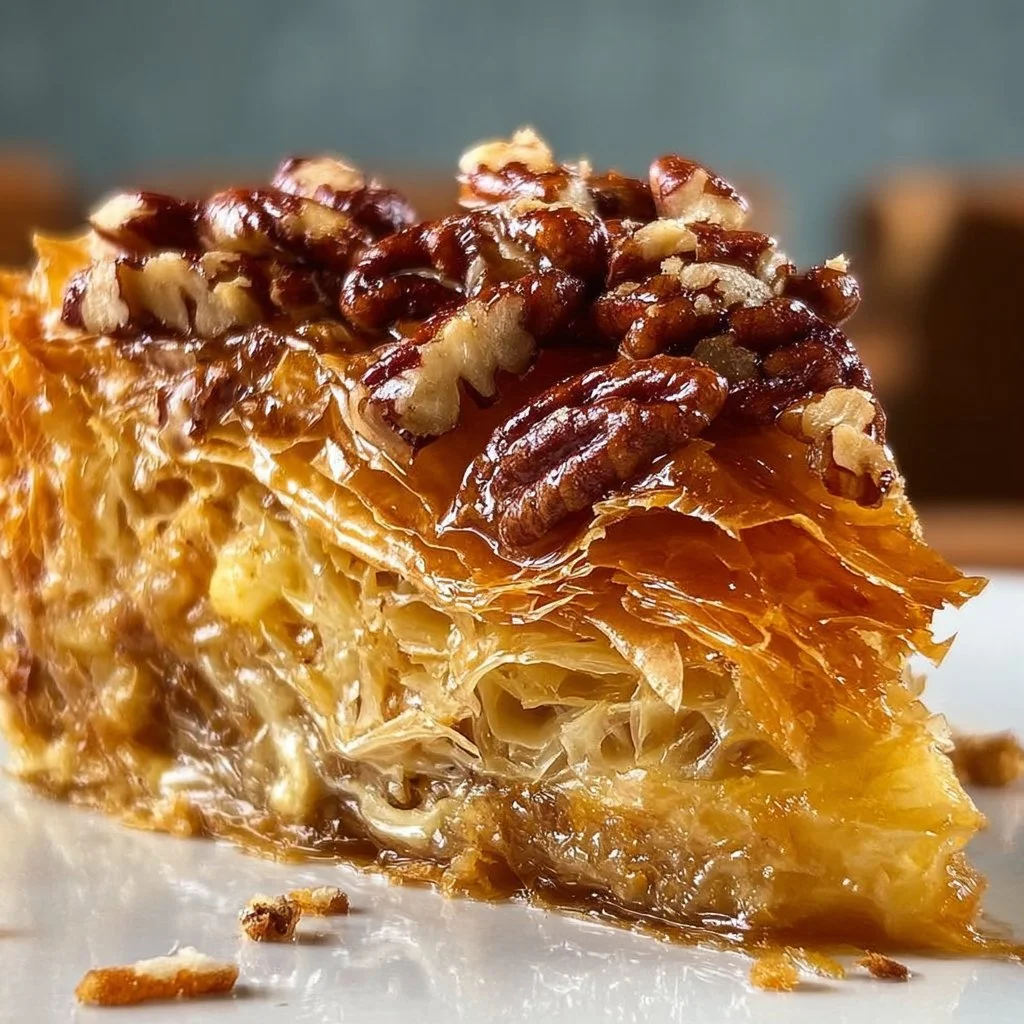 Crispy Maple Pecan Phyllo Cake with a crunchy texture and rich maple flavor