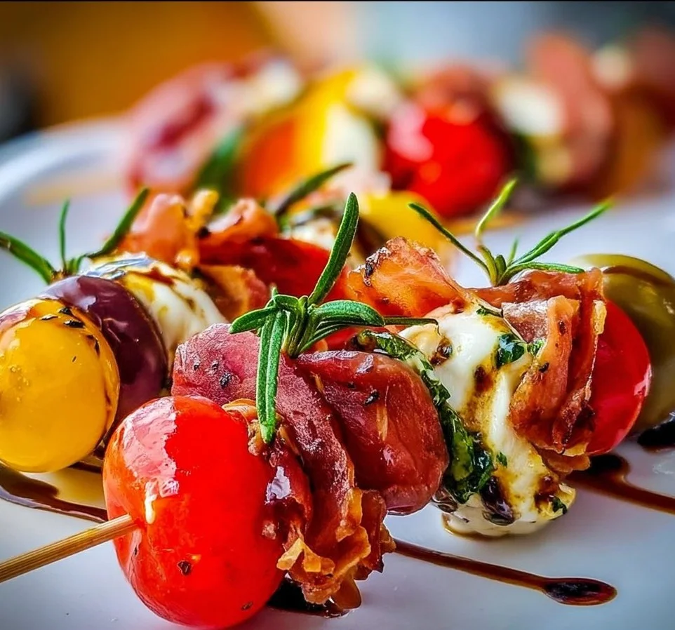 Delicious antipasto skewers with cheese, olives, and vegetables