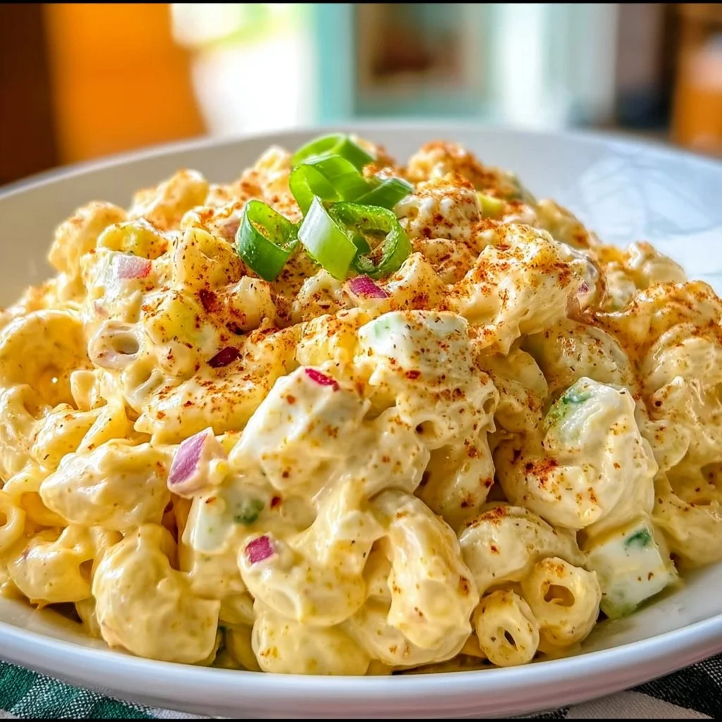 Bowl of Deviled Egg Macaroni Salad with garnishes and ingredients