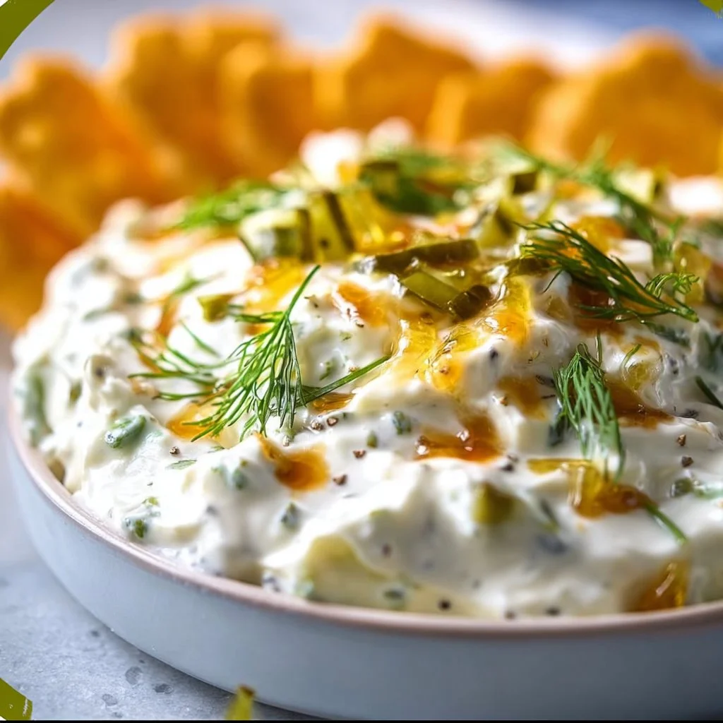 Delicious homemade Dill Pickle Dip served with crispy chips