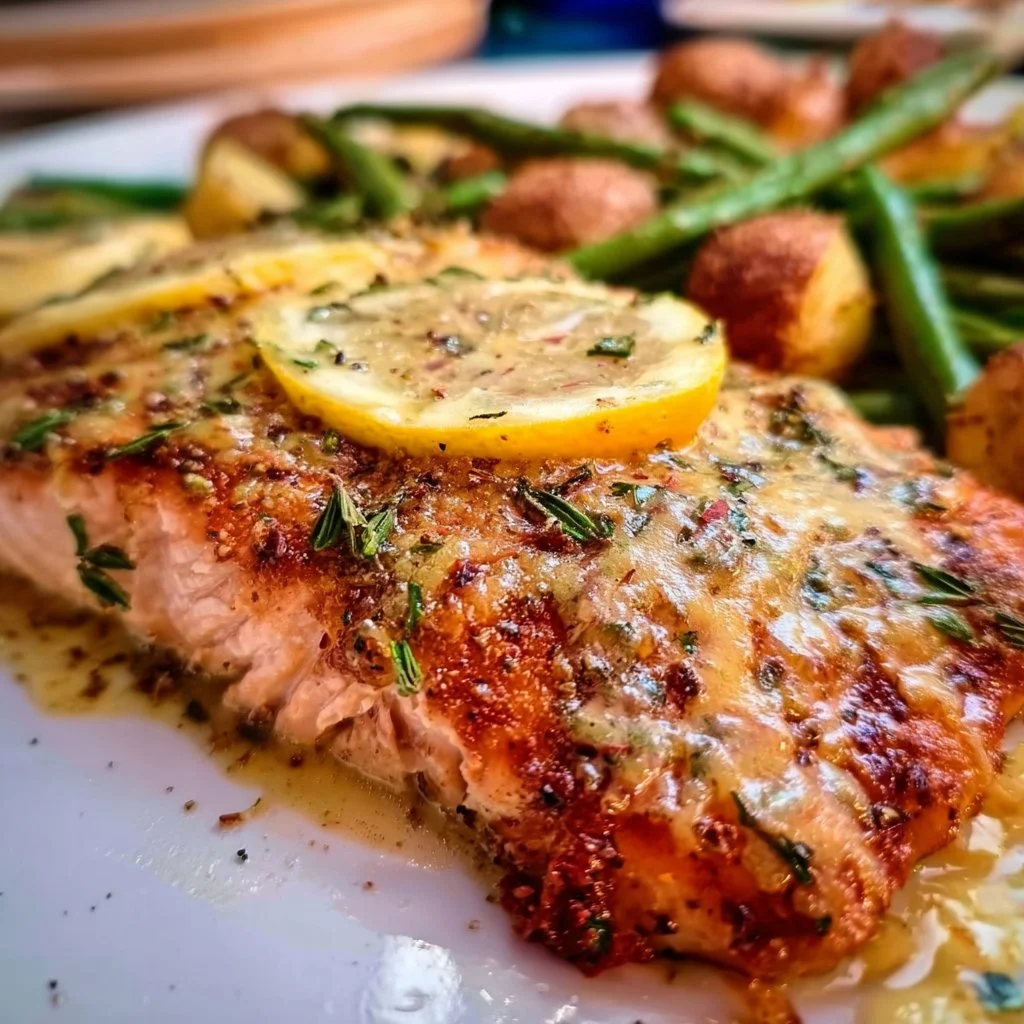 Perfectly baked salmon fillet with herbs and lemon on a plate