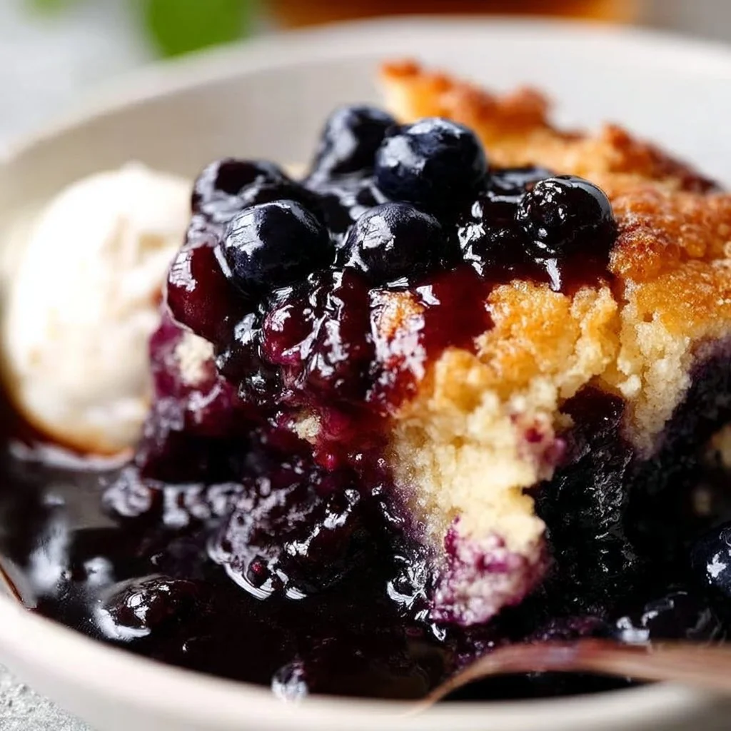 Delicious homemade blueberry cobbler served warm with ice cream