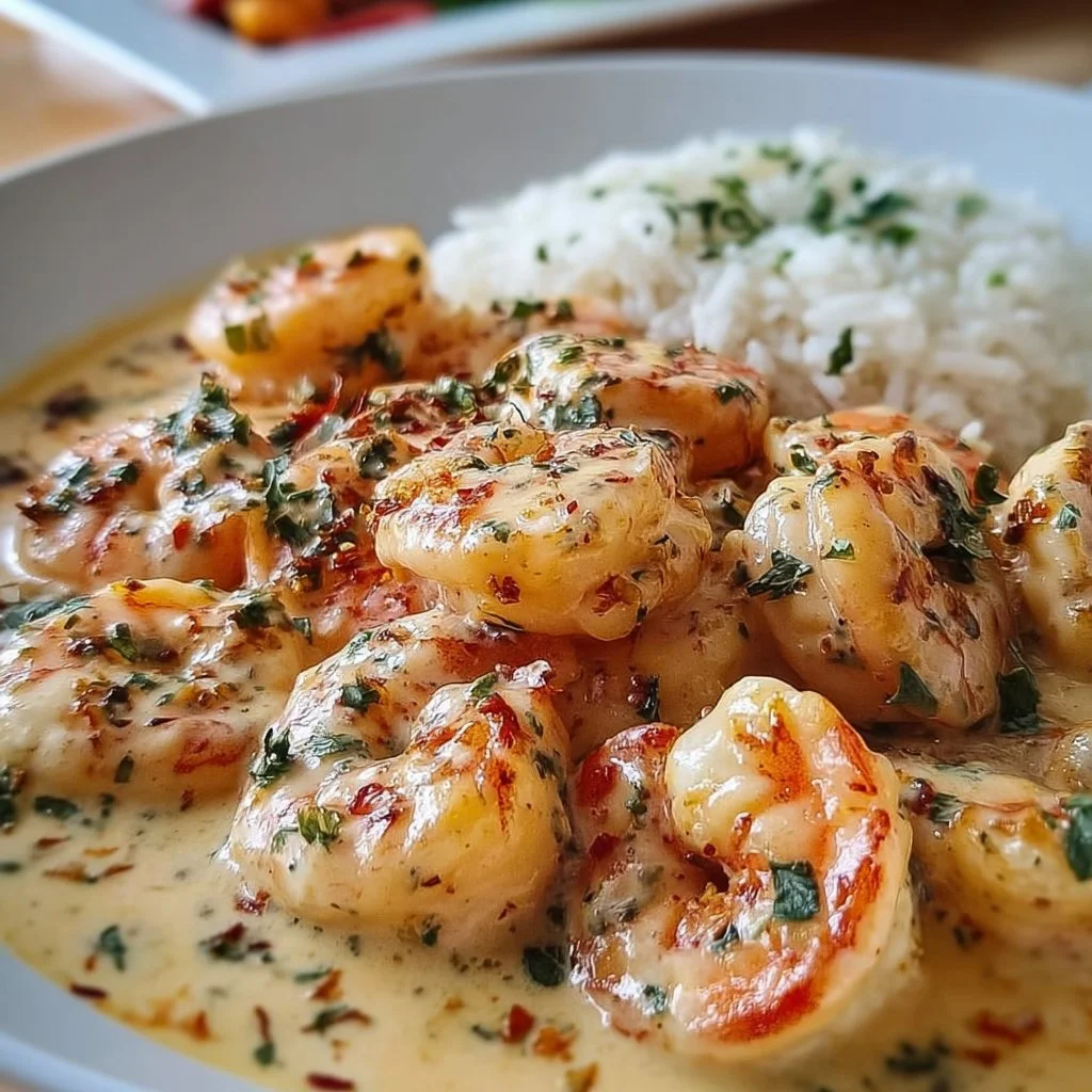 Delicious creamy garlic shrimp served on a plate with herbs and spices.
