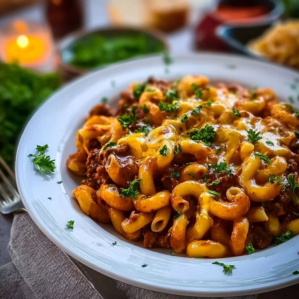 Bowl of easy goulash with noodles and beef, garnished with parsley.