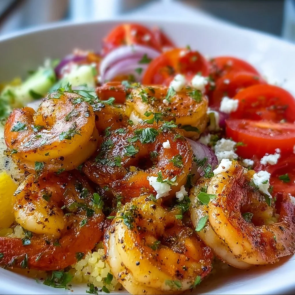 Bowl of Mediterranean shrimp with vegetables and rice