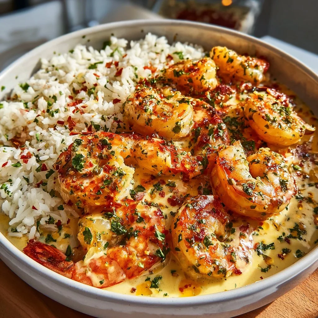 Plate of creamy garlic butter shrimp served with rice