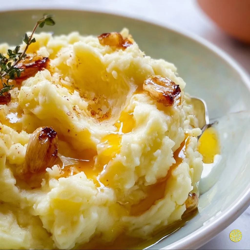 Creamy garlic confit mashed potatoes served in a bowl.