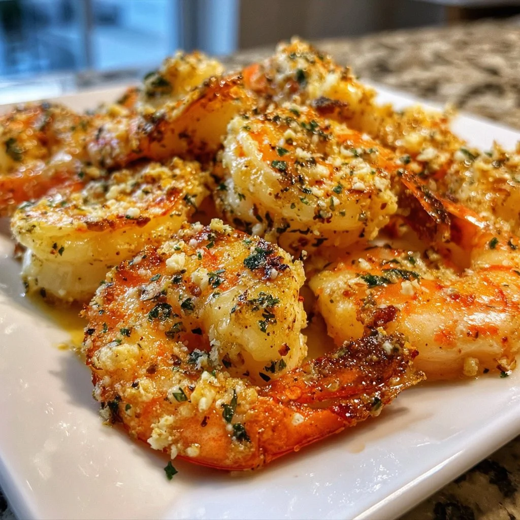 Plate of Garlic Parmesan Roasted Shrimp garnished with parsley