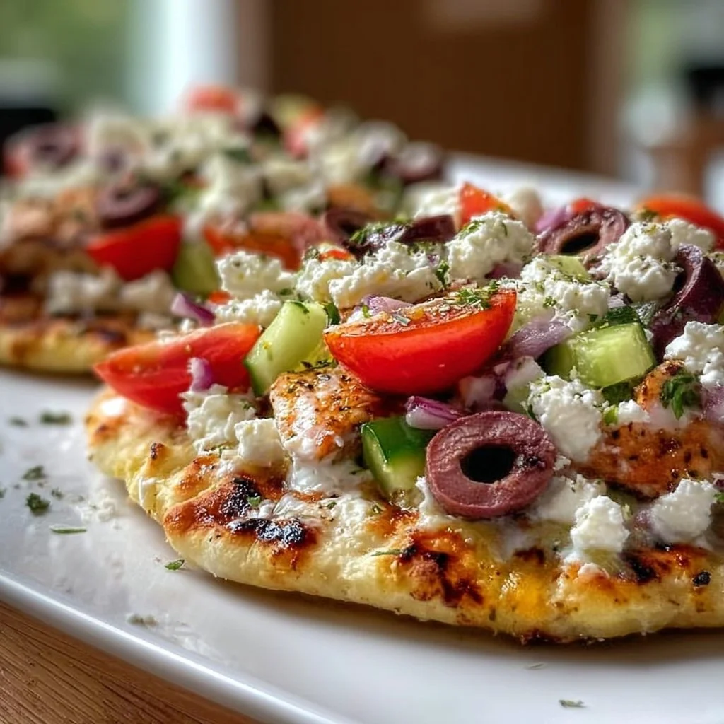 Greek salad cottage cheese flatbreads topped with fresh vegetables and herbs