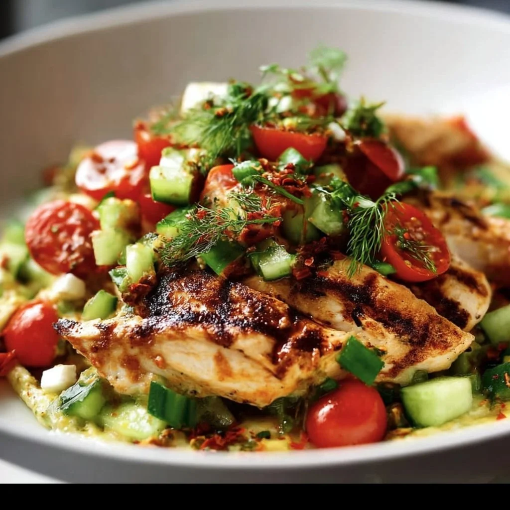 Grilled chicken served with fresh tomato cucumber salad on a plate