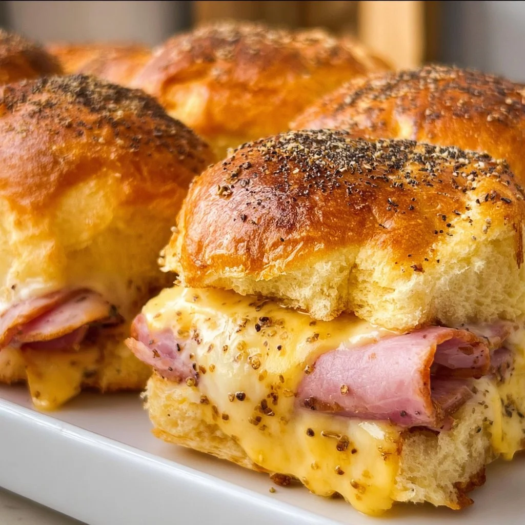 Delicious ham and cheese sliders served on a platter