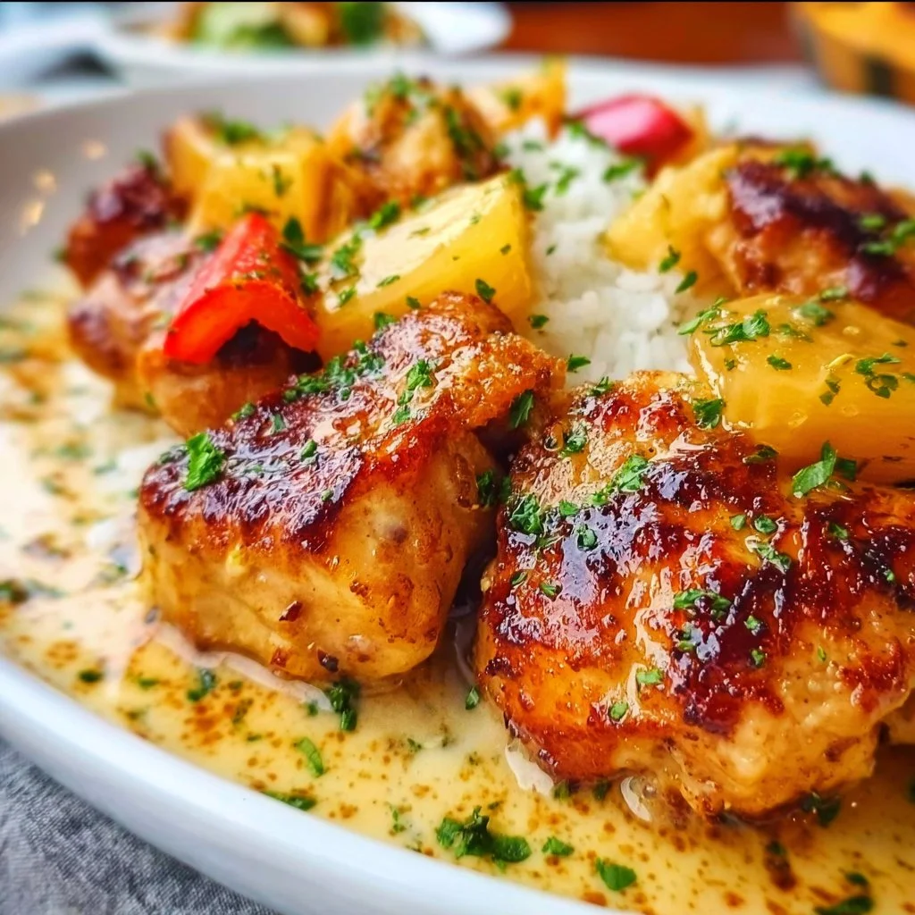Delicious Hawaiian Chicken dish garnished with tropical fruits