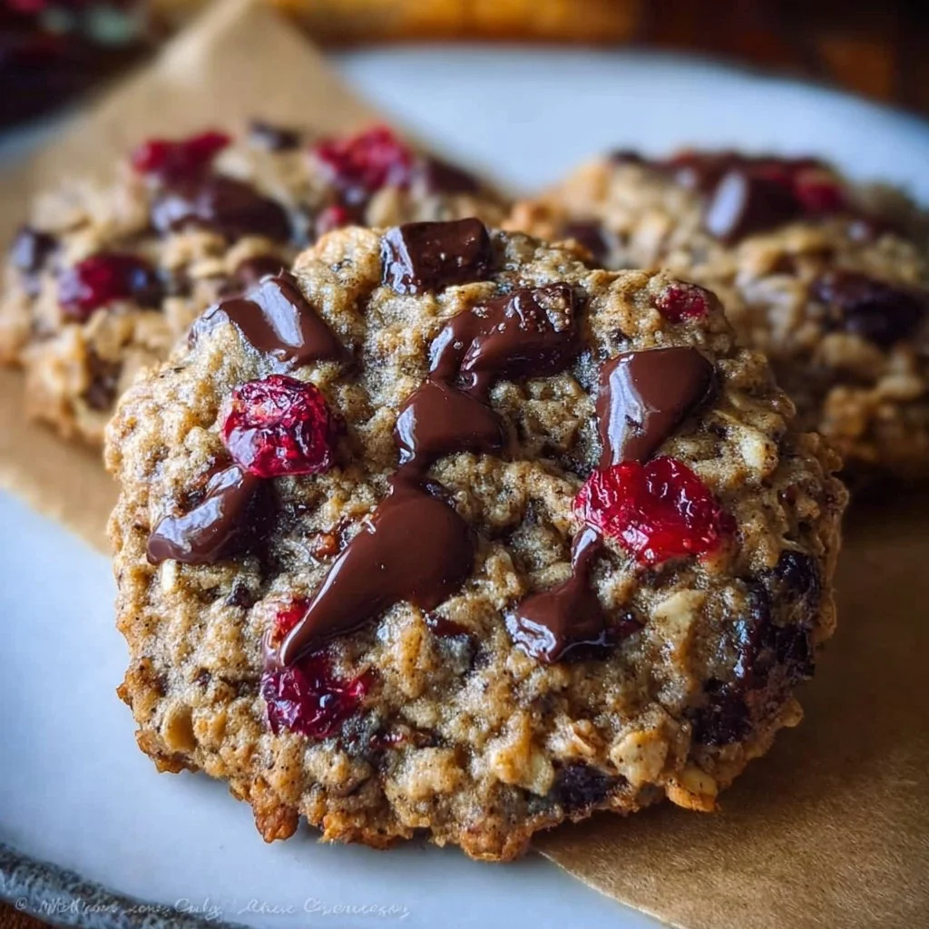 Healthy dark chocolate oatmeal cookies with cranberries on a plate.